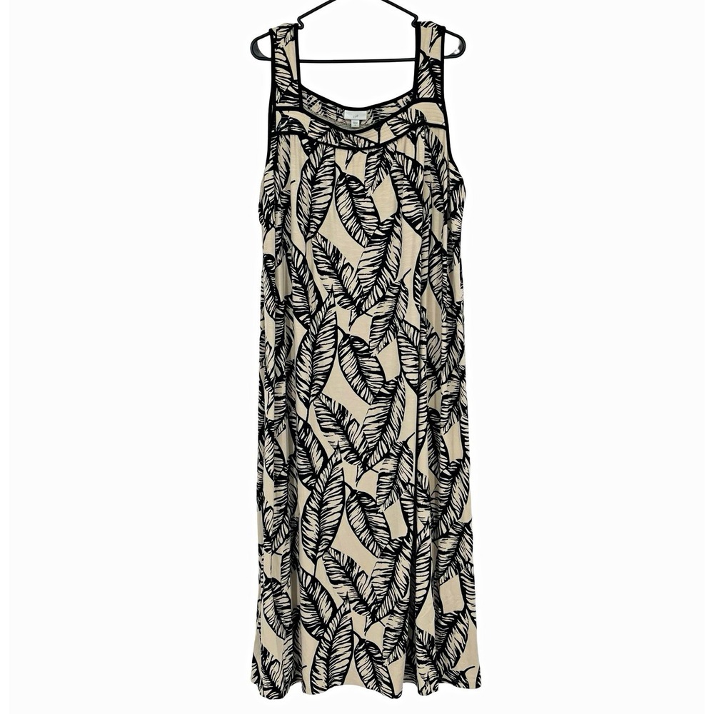 J.Jill Women's 2X Maxi Dress Black Beige Leaf Print Sleeveless Stretch Boho
